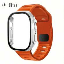 Pulseira de silicone com design texturizado, respirável e ajustável, ideal para esportes ao ar livre, laranja, compatível com smartwatches Ultra2/1Series/SE/S9/8/7/6/5/4/3/2/1 de 38 mm/40 mm/41 mm/42 mm/44 mm/45 mm/49 mm. Acompanha protetor de tela de vidro temperado 2 em 1 e capa rígida de policarbonato com moldura prateada para proteção.