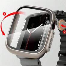 Pulseira de silicone com design texturizado, respirável e ajustável, ideal para esportes ao ar livre, laranja, compatível com smartwatches Ultra2/1Series/SE/S9/8/7/6/5/4/3/2/1 de 38 mm/40 mm/41 mm/42 mm/44 mm/45 mm/49 mm. Acompanha protetor de tela de vidro temperado 2 em 1 e capa rígida de policarbonato com moldura prateada para proteção.