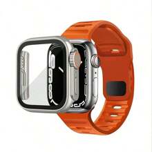 Pulseira de silicone com design texturizado, respirável e ajustável, ideal para esportes ao ar livre, laranja, compatível com smartwatches Ultra2/1Series/SE/S9/8/7/6/5/4/3/2/1 de 38 mm/40 mm/41 mm/42 mm/44 mm/45 mm/49 mm. Acompanha protetor de tela de vidro temperado 2 em 1 e capa rígida de policarbonato com moldura prateada para proteção.
