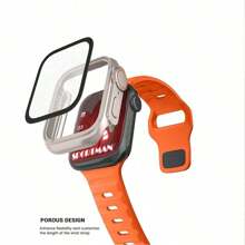 Pulseira de silicone com design texturizado, respirável e ajustável, ideal para esportes ao ar livre, laranja, compatível com smartwatches Ultra2/1Series/SE/S9/8/7/6/5/4/3/2/1 de 38 mm/40 mm/41 mm/42 mm/44 mm/45 mm/49 mm. Acompanha protetor de tela de vidro temperado 2 em 1 e capa rígida de policarbonato com moldura prateada para proteção.
