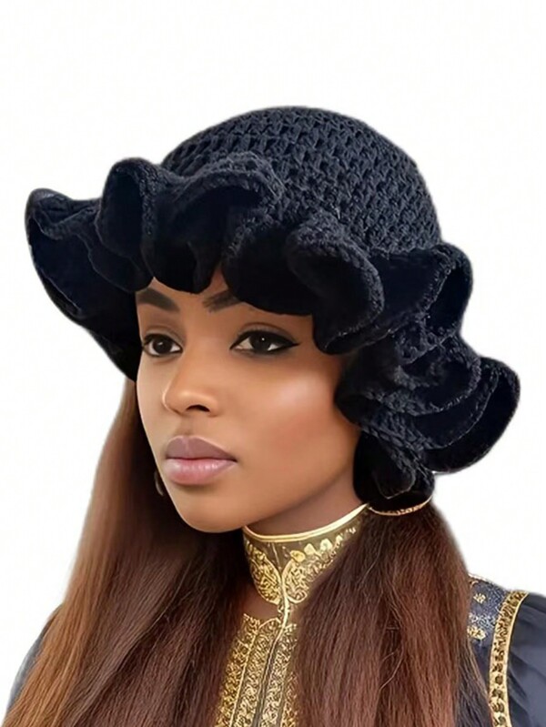 1pc Women's Casual Handmade Crochet Ruffle Knit Beanie Hat, Autumn/Winter Fashion Halloween