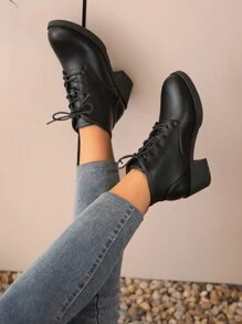 女士高跟时尚踝靴，黑色圆头系带皮靴，舒适简约风格 - 黑色 - 查看 3