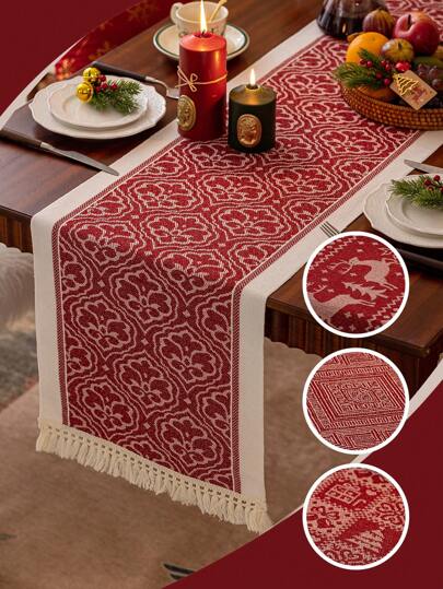 1pc Red Christmas Theme Table Runner/1 Set Of Red Table Runner + Placemat Set, Reindeer Gift Box Pattern Long Table Cover, Suitable For Dining Table, Coffee Table, Tea Table, Dresser Decoration