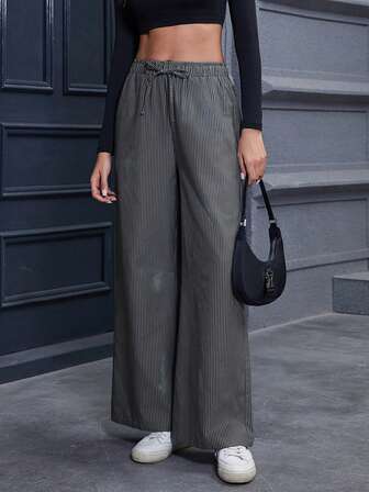 Scacto Women High Waist Striped Drawstring Elastic Waist Wide Leg Pants, Simple Straight Design, Fashionable Casual Style, Leg-Flattering & Body-Contouring, Suitable For Spring, Summer, Autumn And Winter