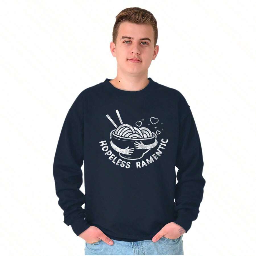 BRISCO BRANDS Valentine's Day Graphic Fleece Lined Crewneck Pullover Sweatshirt Food Pun Funny Ramen Noodle Joke Hopeless Ramentic Romantic Love Relationship Heart Humor Casual Everyday Cotton Printed Thermal Lined Jumper - 海軍 - 查看 1