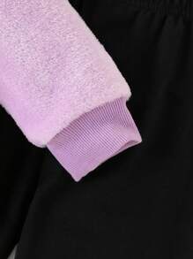 Set de 2 piezas: Blusa de cuello redondo de franela rosa bordada y pantalones negros de parche con dobladillo plisado y peludo, conjunto casual de otoño/invierno para niñas