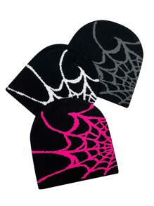 3pcs/Set Casual Spider Web Acrylic Colorblock Knit Beanies For Daily Wear Skull Skeleton