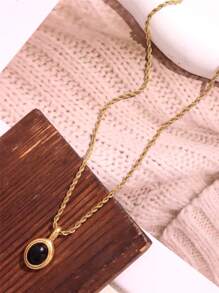 1 pieza Collar con colgante vintage de piedra ovalada en negro, blanco y marrón, enchapado en oro de 18K, acero inoxidable, pequeño y lindo, regalo de joyería para mujer