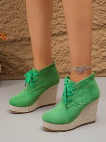 Women Platform Wedge Ankle Boots, Solid Color Fashion Chunky Heel Boots, Thick Bottom Slip-On Comfortable High Heel Boots, Casual Beach Non-Slip Chelsea Boots - Green - View 2