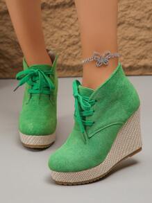 Women Platform Wedge Ankle Boots, Solid Color Fashion Chunky Heel Boots, Thick Bottom Slip-On Comfortable High Heel Boots, Casual Beach Non-Slip Chelsea Boots - Green - View 3