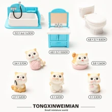 1 件套可爱迷你浴室套装，带动物雕像 - 蓝色浴缸、马桶、水槽和可爱的猫咪雕像 - DIY 娃娃屋装饰、青少年创意微型玩具、生日礼物和收藏品 - 彩色 - 查看 12