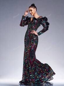 Missord Women's Off Shoulder Mesh Contrast Ruffle Hem Glitter Evening Gown Dress, Elegant Long Sleeve Formal Prom Dress, For Wedding Guest, Graduation, Dinner