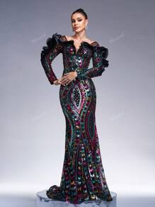 Missord Women's Off Shoulder Mesh Contrast Ruffle Hem Glitter Evening Gown Dress, Elegant Long Sleeve Formal Prom Dress, For Wedding Guest, Graduation, Dinner