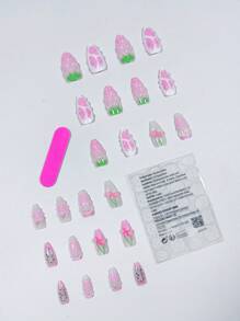 24 件简约花卉杏仁形中长法式假指甲，3D 优雅简约风格，适合办公室女士、约会、下午茶、户外穿着按压指甲美甲用品指甲 - 彩色 - 查看 2