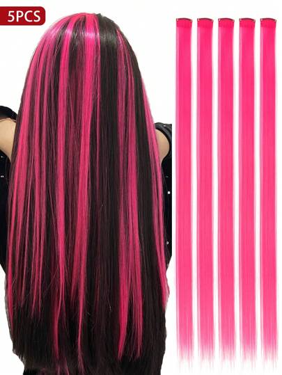 5 PCS Colored Clip In Hair Extensions 20 Inch Long Straight Hairpieces Clip In Synthetic, Halloween Cosplay Dress Up Fashion Party Christmas Music Festival Carnaval New Year Gift For Women Kids Girls(Hot Pink)
