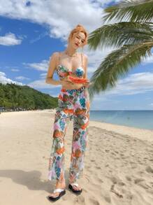 Conjunto De Bikini De 3 Piezas Con Estampado Tropical Y Corte Alto Para Playa De Verano Con Cubierta,Bañador Bikini Halter Con Estampado Tropical,Bañadores Para Fest