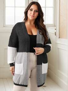 Nemidor Cardigan de malha listrado de contraste de cor casual plus size, outono/inverno - Preto e Branco - Ver 1