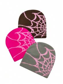 3pcs/Set Casual Spider Web Acrylic Colorblock Knit Beanies For Daily Wear Skull Skeleton