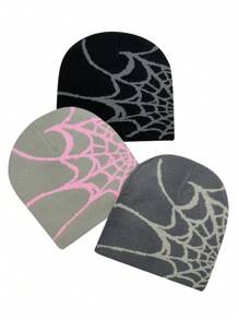 3pcs/Set Casual Spider Web Acrylic Colorblock Knit Beanies For Daily Wear Skull Skeleton