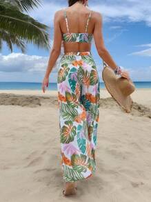 Conjunto De Bikini De 3 Piezas Con Estampado Tropical Y Corte Alto Para Playa De Verano Con Cubierta,Bañador Bikini Halter Con Estampado Tropical,Bañadores Para Fest