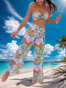 Conjunto De Bikini De 3 Piezas Con Estampado Tropical Y Corte Alto Para Playa De Verano Con Cubierta,Bañador Bikini Halter Con Estampado Tropical,Bañadores Para Fest