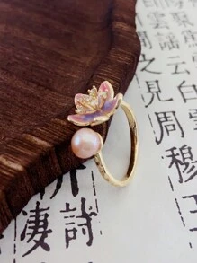 1 pieza Anillo abierto ajustable de perla barroca, diseño floral minimalista, elegante y ligero para mujeres
