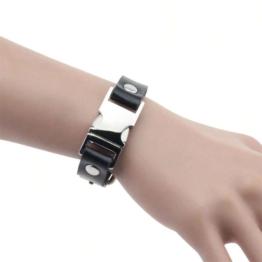 2025 Minimalist PU Leather Bracelet, Gothic Punk Style Buckle Wristband Accessory - Black - View 1