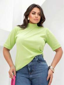 Women's T-Shirt High Neck 3/4 Sleeve Minimalist - 青檸色 - 查看 3