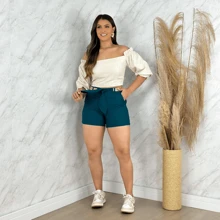 Women's Linen Shorts, High Waist Shorts, Women's Linen Shorts With Belt And Knife Pocket, - 水鴨藍 - 查看 7
