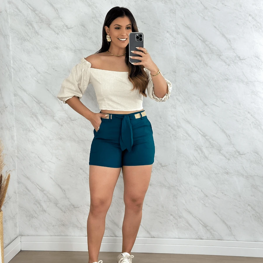 Women's Linen Shorts, High Waist Shorts, Women's Linen Shorts With Belt And Knife Pocket, - 水鴨藍 - 查看 1