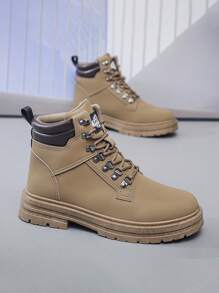 Men's High-Top Faux Suede Lace-Up Boots, Black, Casual Mid-Cut Leather Shoes, Fashion - Brown - View 3
