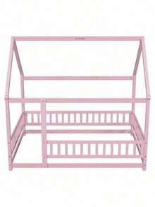 Full Size Floor Wooden Bed With House Roof Frame, Fence Guardrails ,Pink - 粉紅色+松木+全色 - 查看 8
