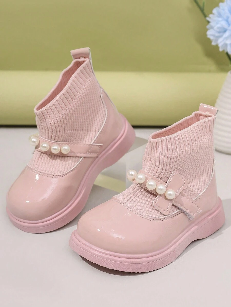 Botas para niños, botas tipo calcetín ligeras de moda para niñas, botas tipo calcetín de suela suave de unicolor para niñas - Rosa - Ver 1