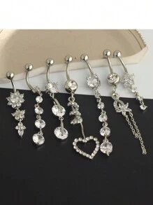 7pcs Set Copper Micro-Inlaid Flower Tassel Navel Rings, 316 Stainless Steel Rhinestone Navel Piercing Jewelry Valentines - Silver - View 9
