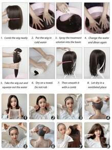Peruca Preta para Mulheres, Cabelo Liso Comprimento de Ombro com Franja, Peruca Sintética de Aparência Natural para Uso Diário e Escolar, 18 Polegadas