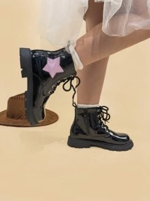 1pair Girls Star Waterproof Flat Boots, Autumn/Winter Princess Ankle Boots - Purple - View 2