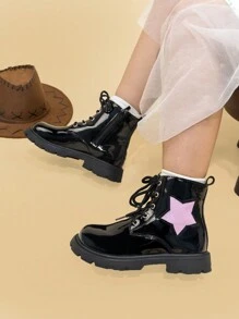 1pair Girls Star Waterproof Flat Boots, Autumn/Winter Princess Ankle Boots - Purple - View 4