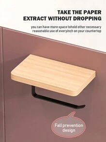 1pc Wall-Mounted Wooden Toilet Paper Holder With Shelf, Self-Adhesive Tissue Paper Dispenser, Durable Metal Frame, Bathroom Storage Rack - For Phone/Wet Wipes/Toilet Paper, Bathroom Accessory, Black/White