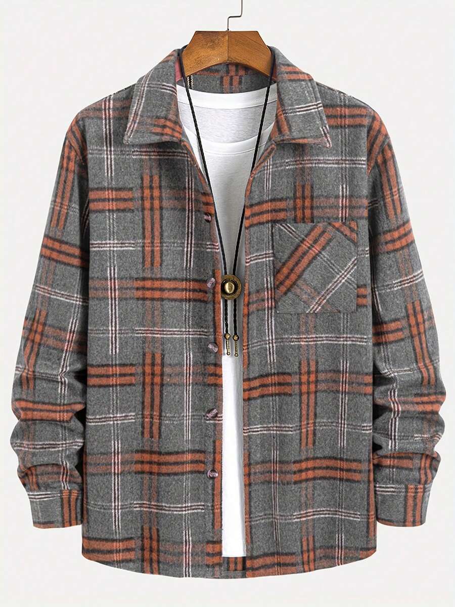 Áo len cardigan cổ bẻ kẻ caro cài nút phía trước cho nam, mặc thường ngày, đi làm, dạo phố, mùa đông - Màu xám đen - Xem 1