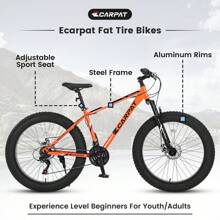 26 Inch Fat Tire Bike Adult/Youth Full  21 Speed Mountain Bike, Dual Disc Brake, High-Carbon Steel Frame, Front Suspension, Mountain Trail Bike, Urban Commuter City Bicycle - Orange + Steel + American Design - View 11