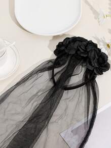 1 件万圣节黑魔鬼角头带，带网状面纱和人造花，派对服装头饰 - 白色 - 查看 5