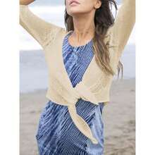 Women's Tie Front Shrug 3/4 Sleeve Bolero Sheer Knotted Lightweight Cardigan Sweaters Short Shawl Tops - 杏色 - 查看 4