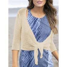Women's Tie Front Shrug 3/4 Sleeve Bolero Sheer Knotted Lightweight Cardigan Sweaters Short Shawl Tops - 杏色 - 查看 2