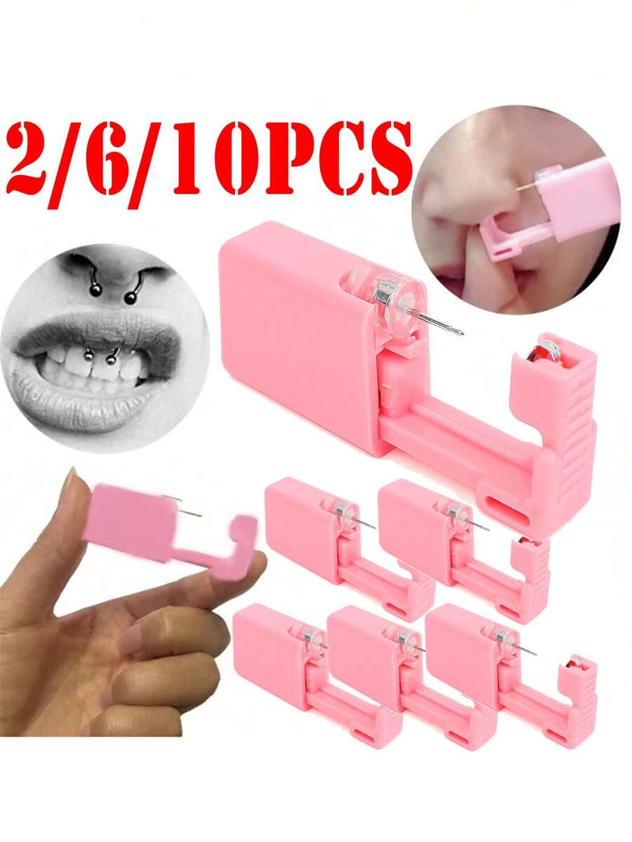 2026 Nuevo 2/6/10 piezas Herramienta desechable indolora para perforar orejas, Kit estéril hipoalergénico de pistola para perforar orejas y nariz, Fácil de usar - Rosa - Ver 1
