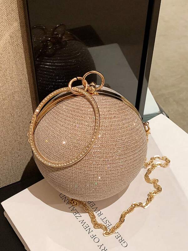 Charming, Elegant, Stylish Sequin Decorated Women Round Clutch Bag With Rhinestone-Embellished Top Handle, Perfect For Girls Party, Prom, Formal Dress, Wedding