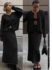 Spring/Autumn New Round Neck Front Buckle Ancient Money Style Knitted Cardigan Elegant High-Waisted Half-Body Skirt Sweater Coat Ladies Two Pieces Set - Black - View 2