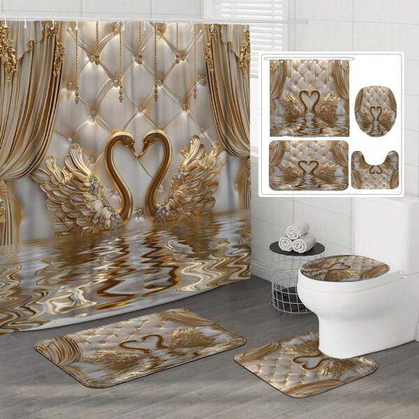 1/4pcs Polyester Waterproof Machine Washable 3d Luxury Shower Curtain Set Swan Drape Gold White Non-Slip Bath Mat U-Shape Toilet Mat Lid Cover 71*71 Inch Bathroom Decor With 12 Hooks Suitable For Bathroom Or Bathtub Home Decoration Summer Bathroom Accessories Back To School