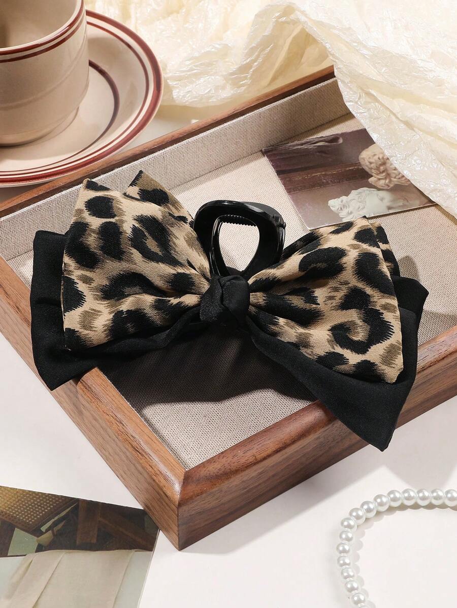 1 pieza Clip de pelo elegante formal de doble capa con estampado de leopardo y lazo grande, retro y elegante. Accesorios para el cabello, artículos escolares, accesorios de cabello de otoño e invierno para mujer para vacaciones y atuendos de verano - Multicolor - Ver 1