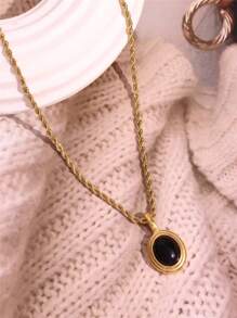 1 pieza Collar con colgante vintage de piedra ovalada en negro, blanco y marrón, enchapado en oro de 18K, acero inoxidable, pequeño y lindo, regalo de joyería para mujer