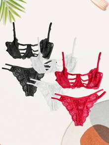 Sexy Lingerie Set Kit 3 Bra With Underwire And Straps Lace Panties - Multicolor - View 1
